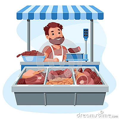 Meat stall, a salesman behind a counter sells sausages, meat and delicacies. Cartoon illustration Vector Illustration
